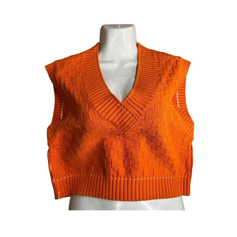 HABIT Women’s Vest Small Orange V Neck Sleeveless Knit Sweater Preppy Retro Y2K
